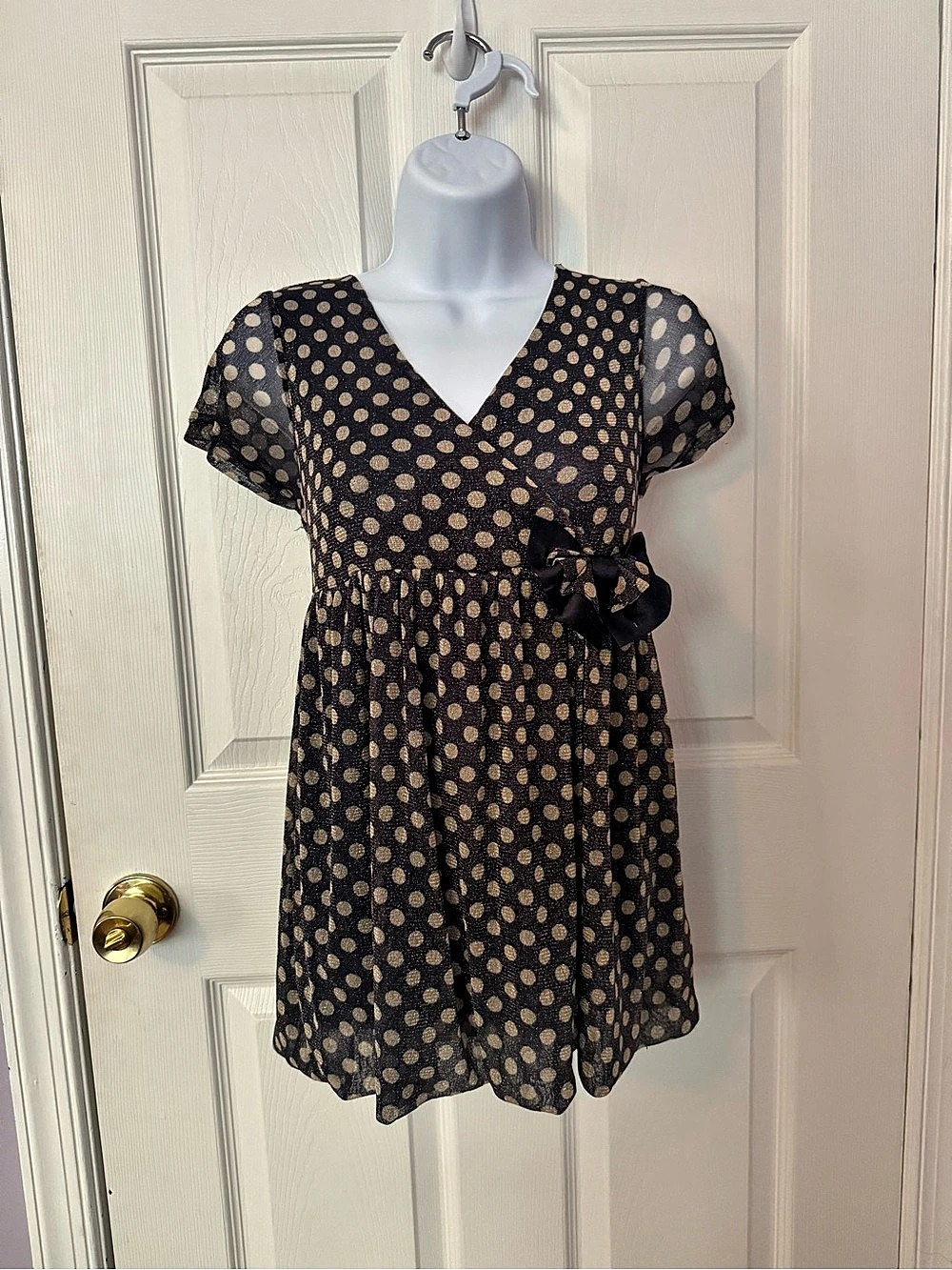 Dar Fure Sparkly Polka Dot Babydoll Top with Bow in Navy & Gold
